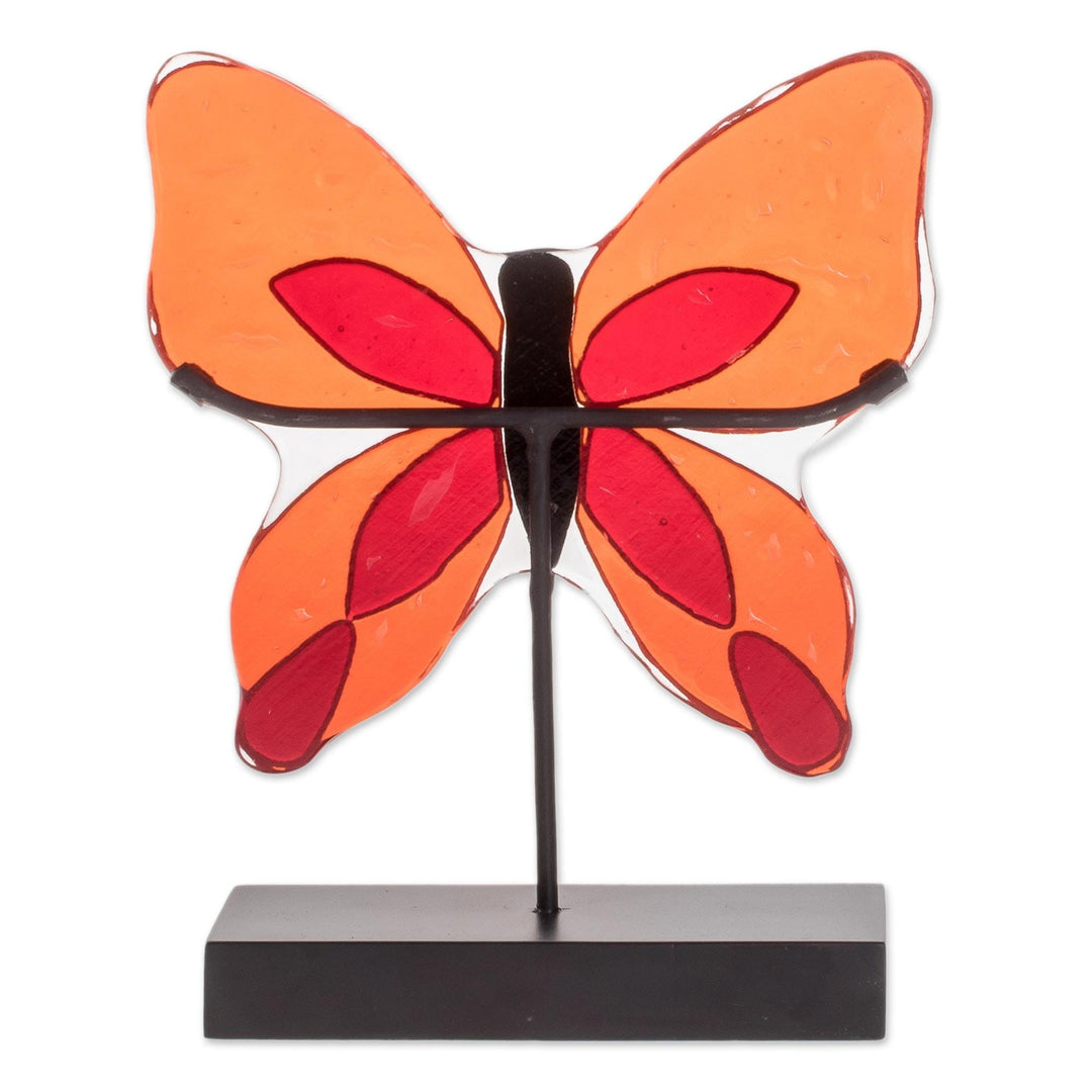 Art Glass Butterfly Sculpture in Orange from El Salvador - Flight of Color in Red