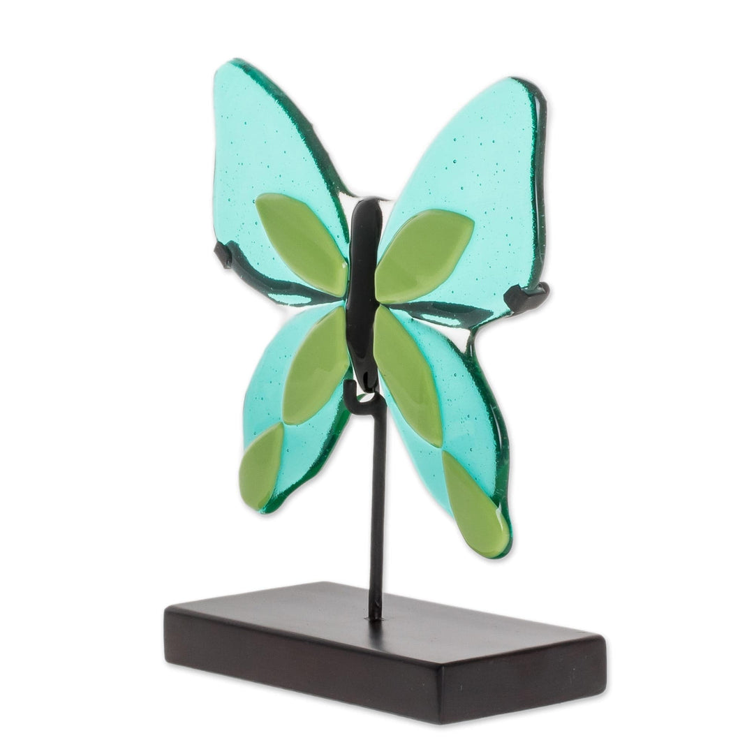 Art Glass Butterfly Sculpture in Green from El Salvador - Flight of Color in Green