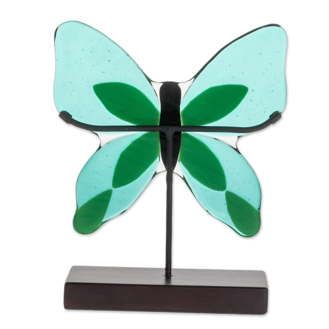 Art Glass Butterfly Sculpture in Green from El Salvador - Flight of Color in Green