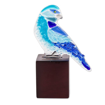 Art Glass Blue Bird Sculpture from El Salvador - Blue-Grey Tanager