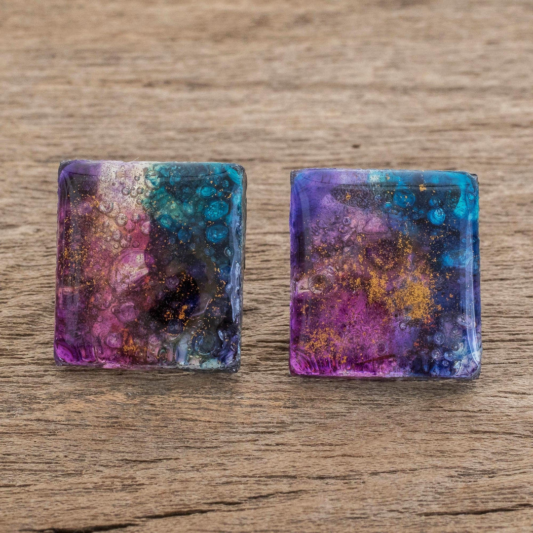 Colorful Square Recycled Glass Button Earrings - Cosmic Constellation