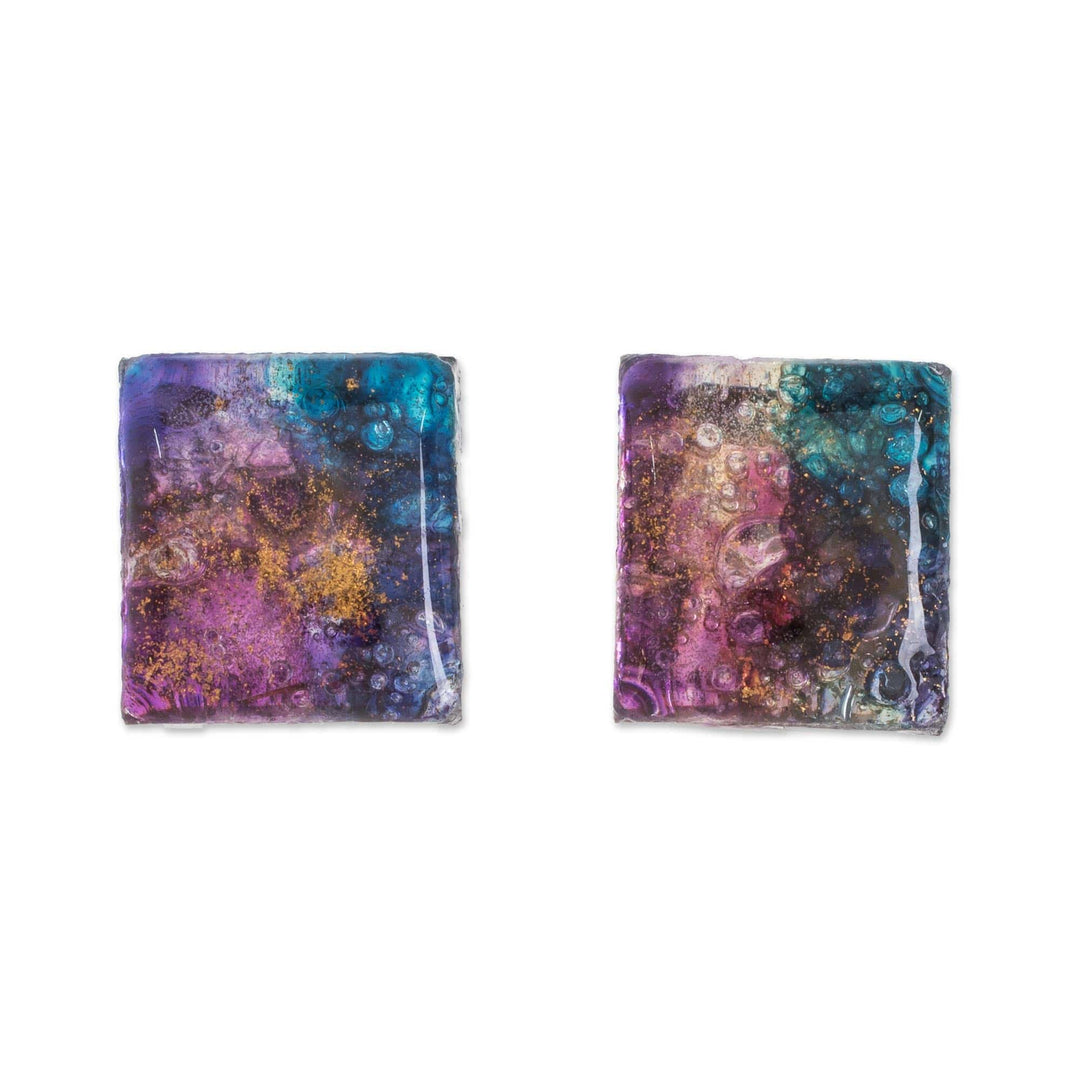 Colorful Square Recycled Glass Button Earrings - Cosmic Constellation