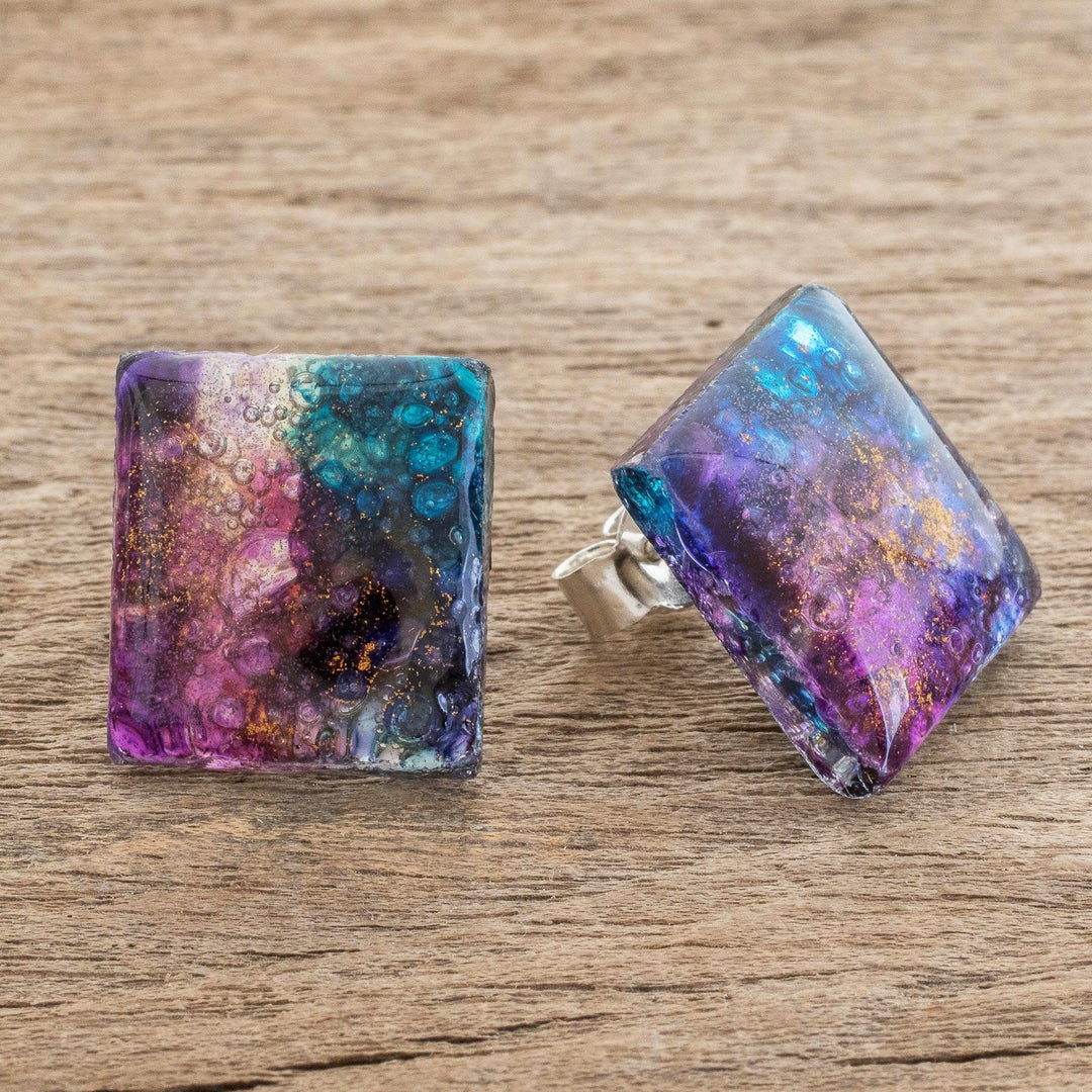 Colorful Square Recycled Glass Button Earrings - Cosmic Constellation