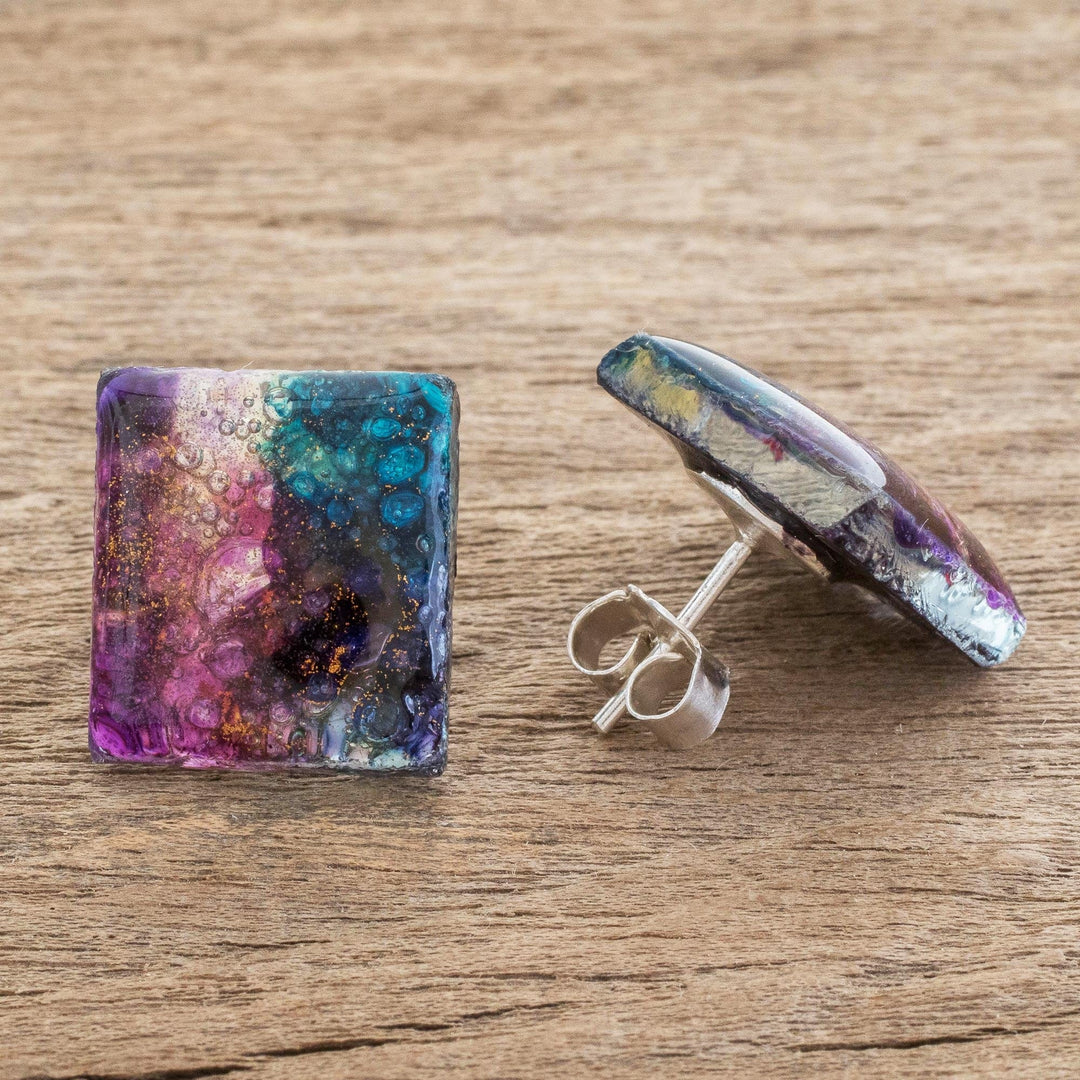 Colorful Square Recycled Glass Button Earrings - Cosmic Constellation