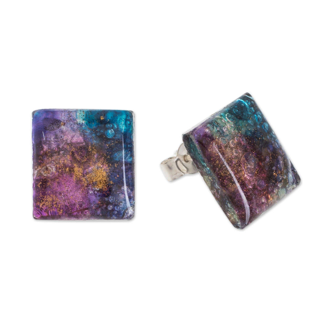 Colorful Square Recycled Glass Button Earrings - Cosmic Constellation