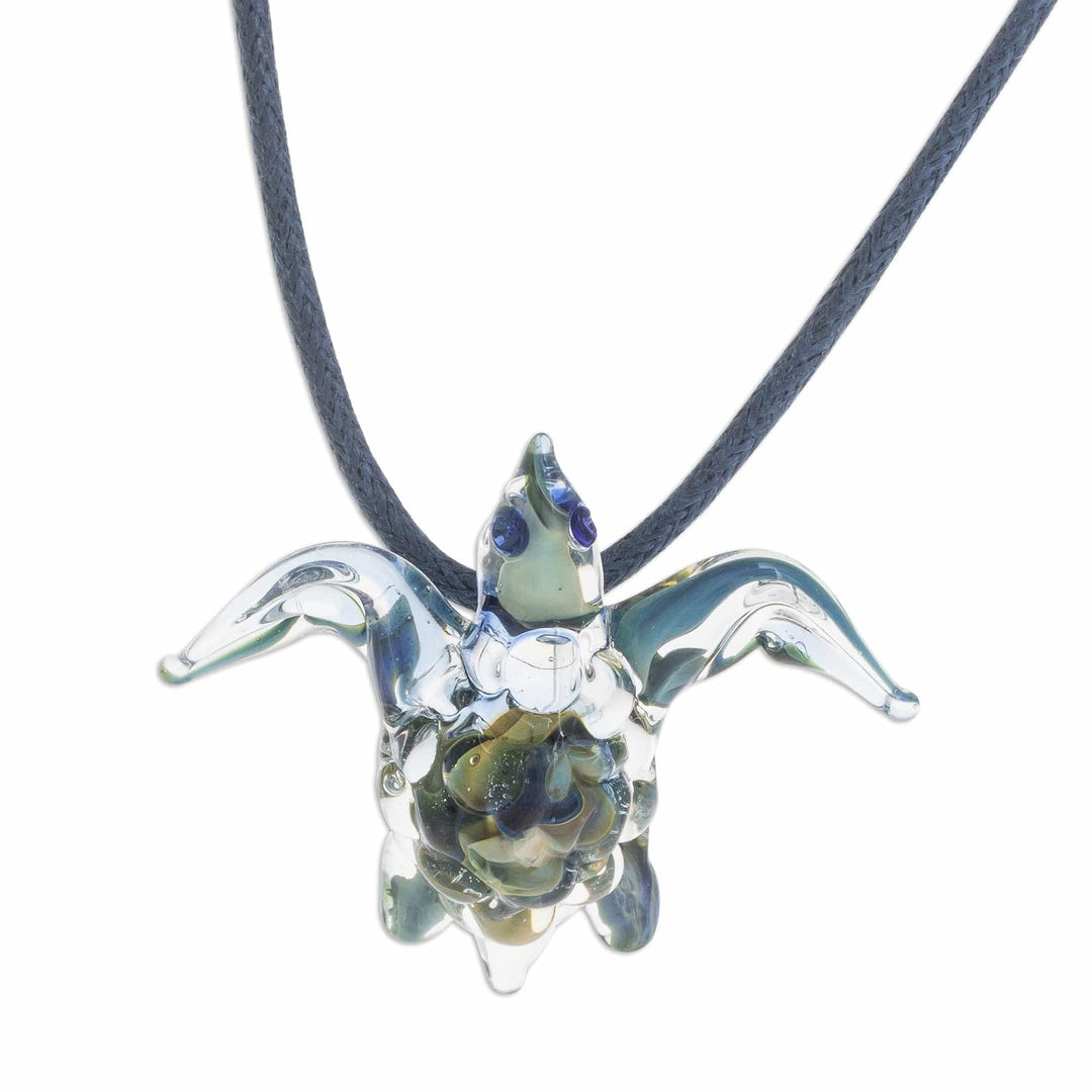 Handblown Art Glass Turtle Pendant Necklace from Costa Rica - In the Lake