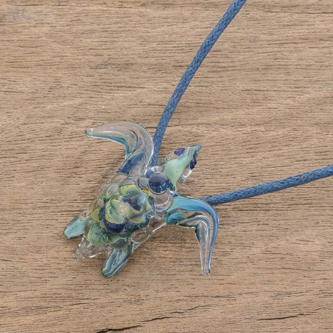 Handblown Art Glass Turtle Pendant Necklace from Costa Rica - In the Lake