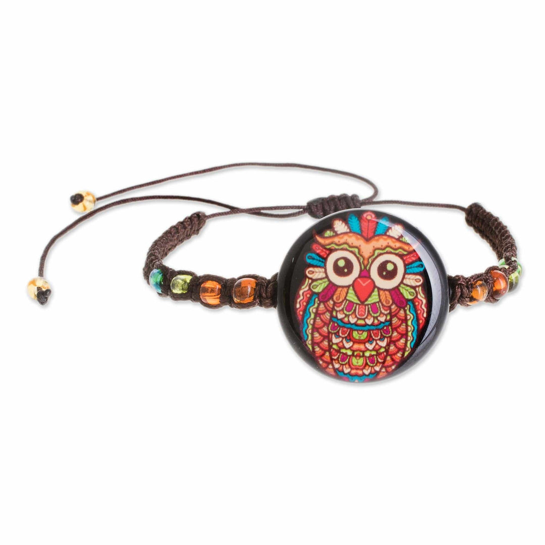 Owl-Themed Glass Beaded Macrame Pendant Bracelet - Colorful Owl
