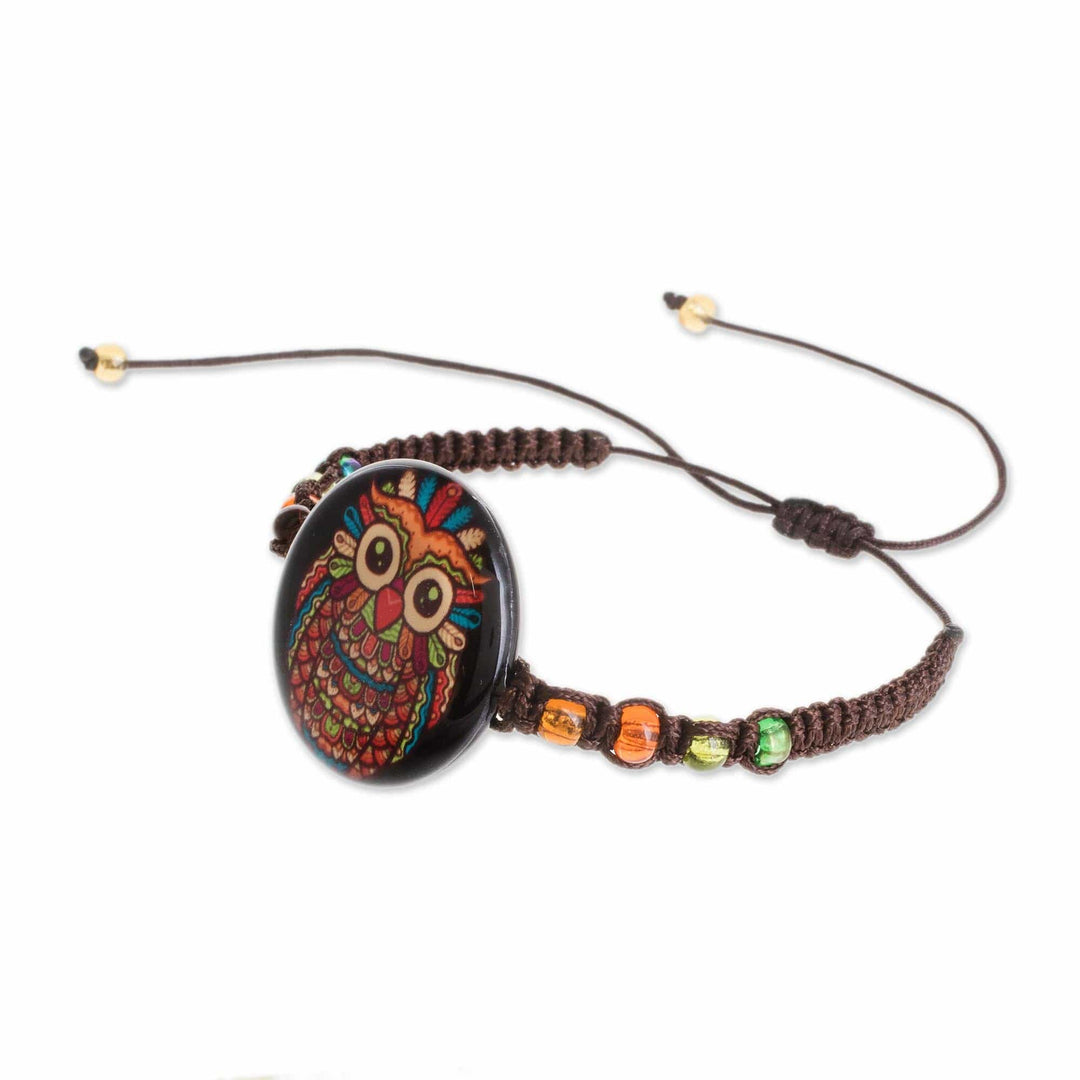 Owl-Themed Glass Beaded Macrame Pendant Bracelet - Colorful Owl