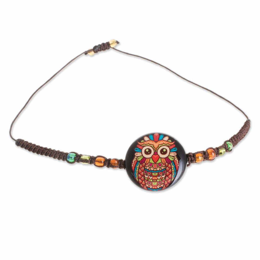 Owl-Themed Glass Beaded Macrame Pendant Bracelet - Colorful Owl