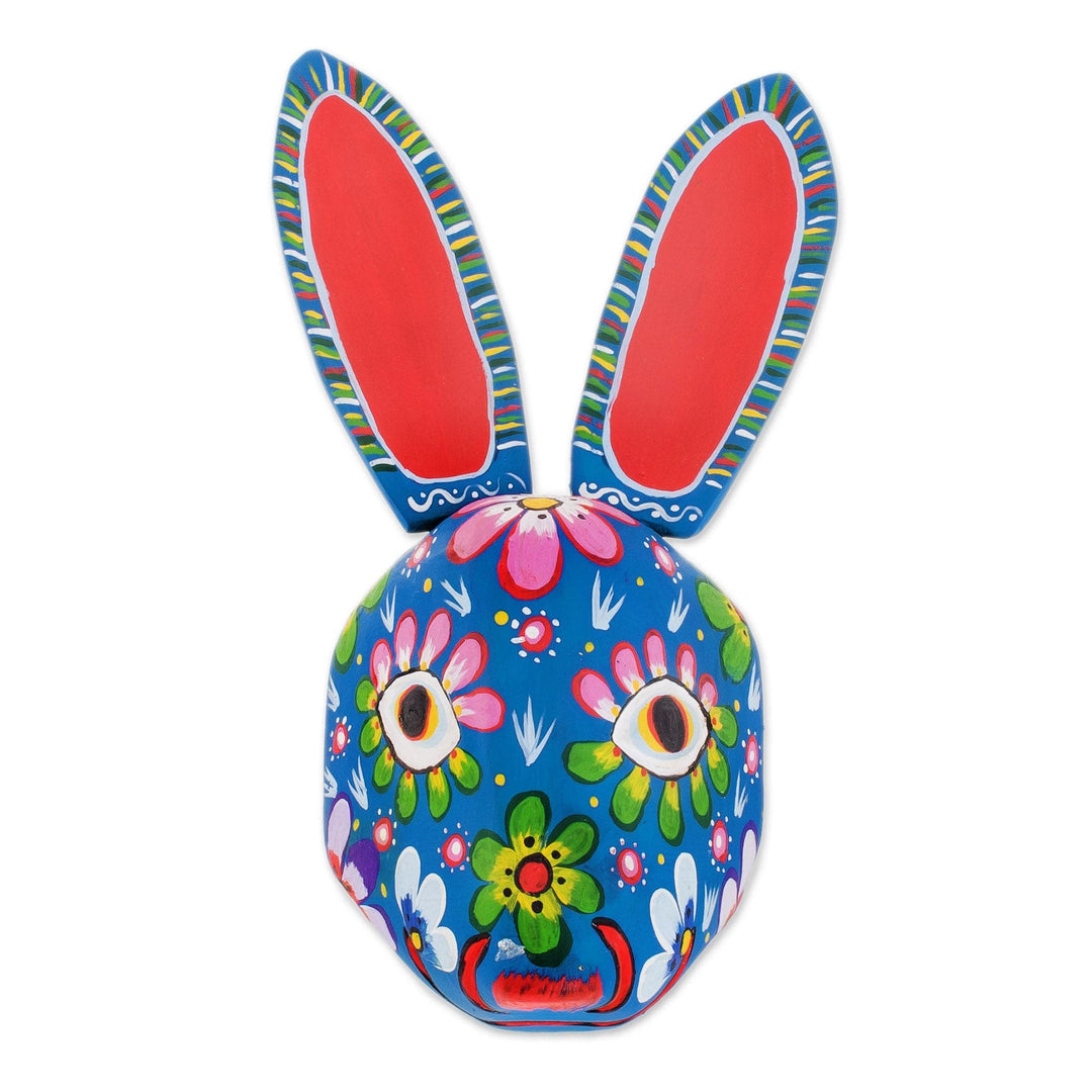 Wood Floral Rabbit Mask in Blue from Guatemala - Floral Rabbit in Blue