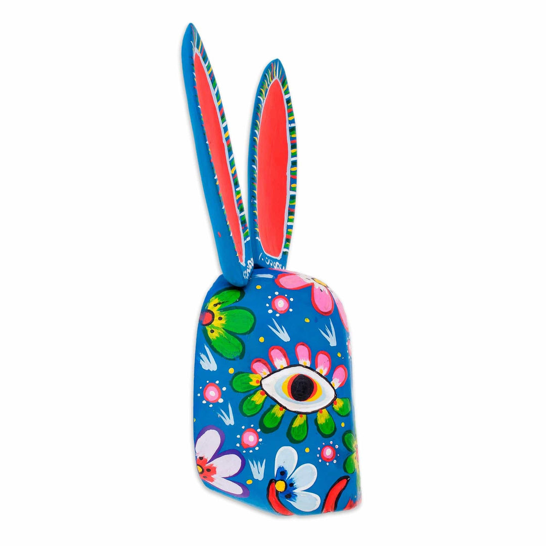 Wood Floral Rabbit Mask in Blue from Guatemala - Floral Rabbit in Blue