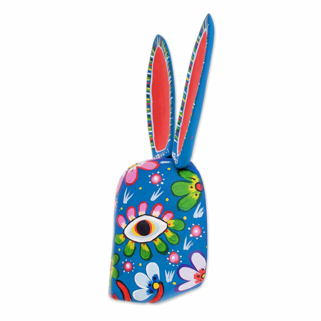 Wood Floral Rabbit Mask in Blue from Guatemala - Floral Rabbit in Blue