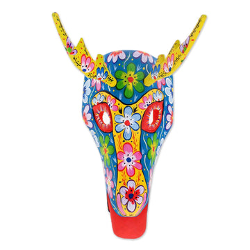 Floral Wood Deer Mask in Blue from Guatemala - Floral Deer in Blue