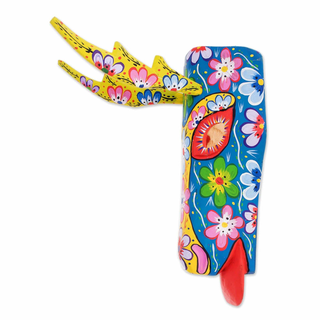 Floral Wood Deer Mask in Blue from Guatemala - Floral Deer in Blue