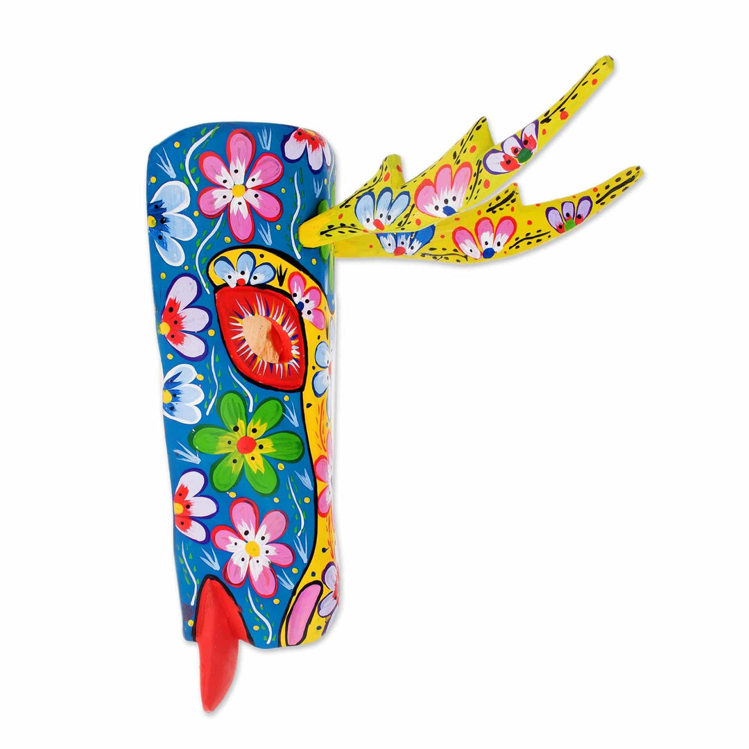 Floral Wood Deer Mask in Blue from Guatemala - Floral Deer in Blue