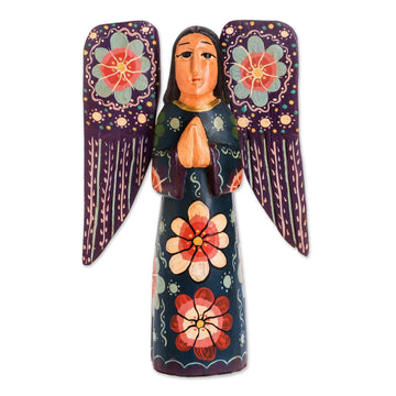 Floral Wood Praying Angel Sculpture from Guatemala - Humble Prayer