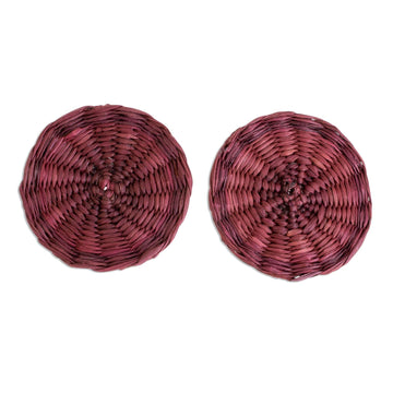 Fuchsia Handwoven Junco Reed Circular Button Earrings - Circular Sensation in Fuchsia