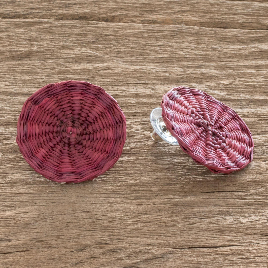 Fuchsia Handwoven Junco Reed Circular Button Earrings - Circular Sensation in Fuchsia