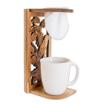 Parrot-Themed Teak Wood Single-Serve Drip Coffee Stand - Macaw Beverage