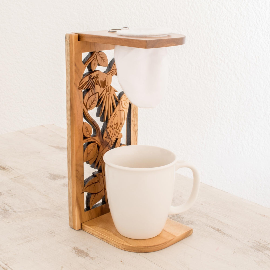 Parrot-Themed Teak Wood Single-Serve Drip Coffee Stand - Macaw Beverage