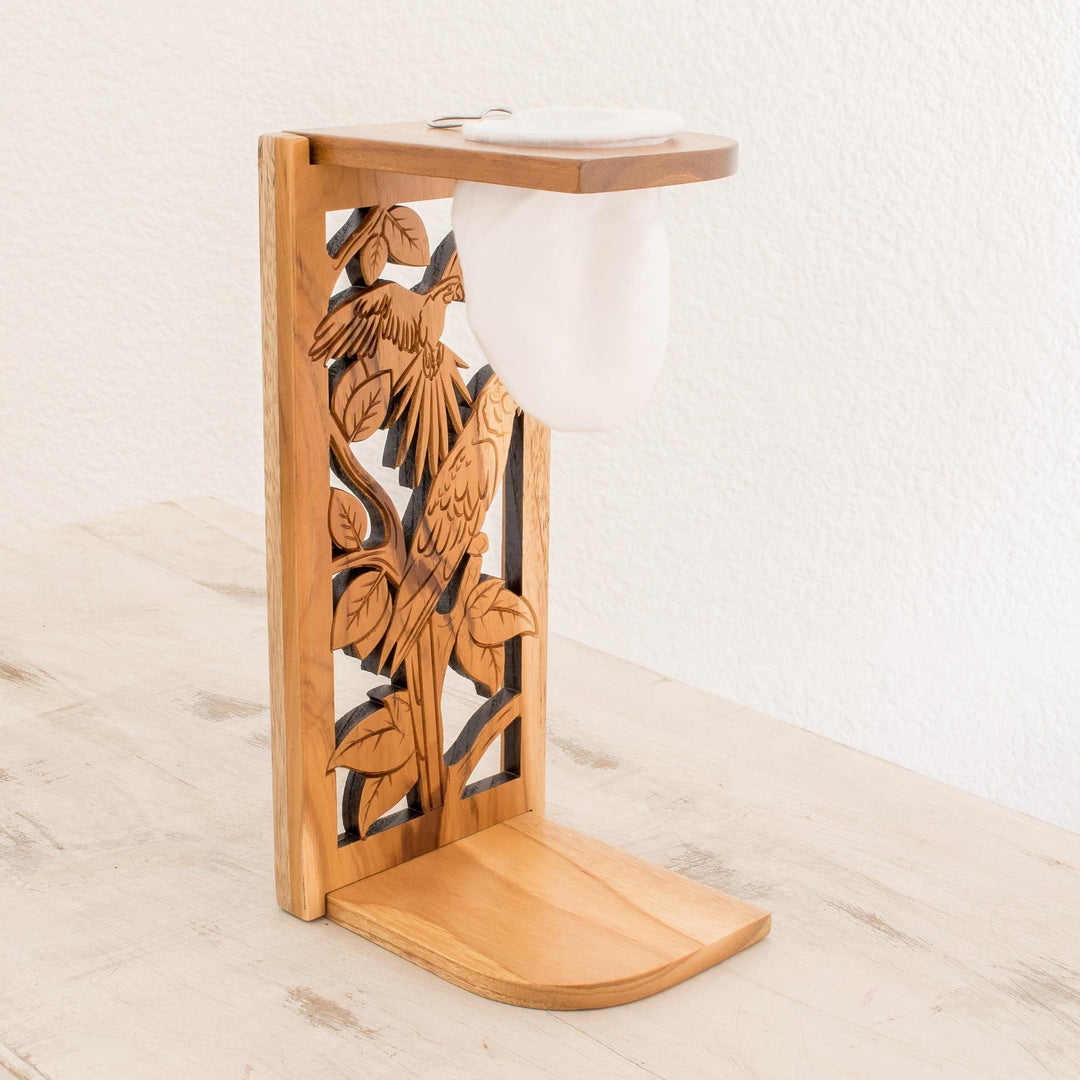 Parrot-Themed Teak Wood Single-Serve Drip Coffee Stand - Macaw Beverage