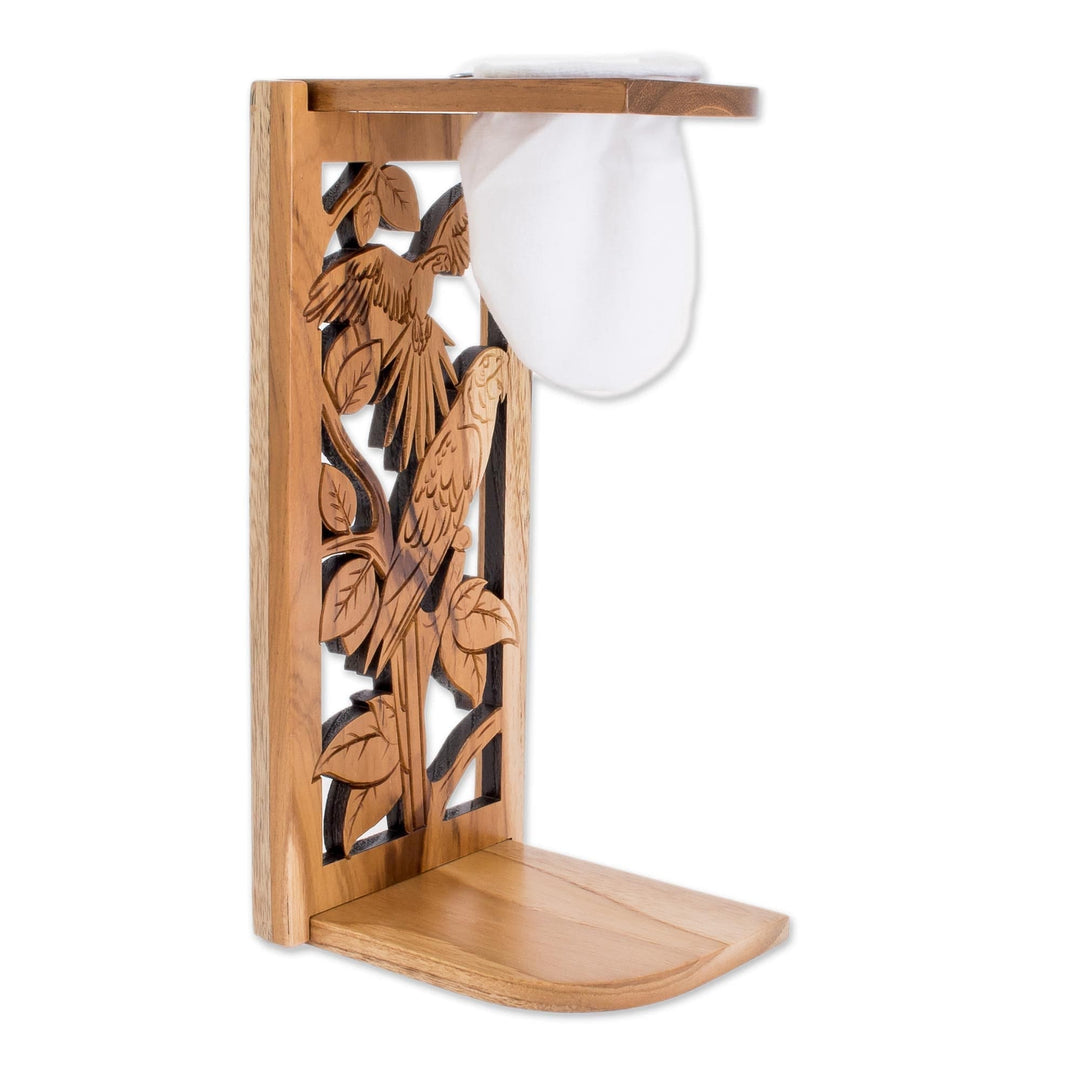 Parrot-Themed Teak Wood Single-Serve Drip Coffee Stand - Macaw Beverage