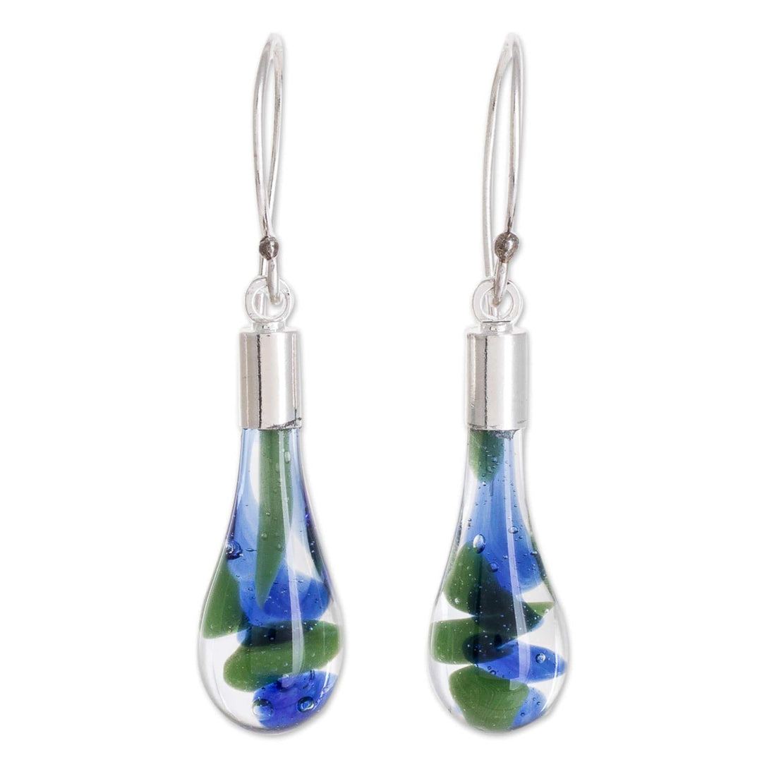 Blue and Green Art Glass Dangle Earrings from Costa Rica - Ocean Reflection