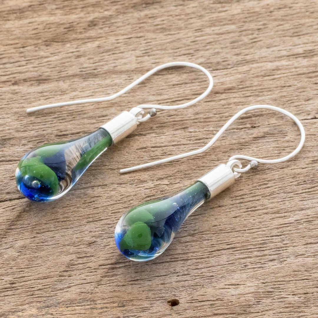 Blue and Green Art Glass Dangle Earrings from Costa Rica - Ocean Reflection