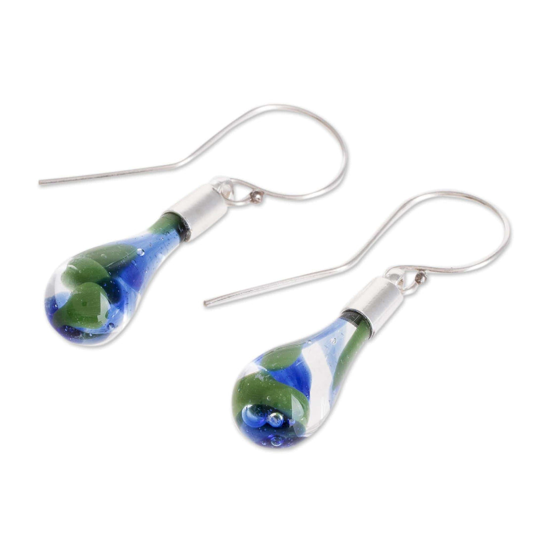 Blue and Green Art Glass Dangle Earrings from Costa Rica - Ocean Reflection
