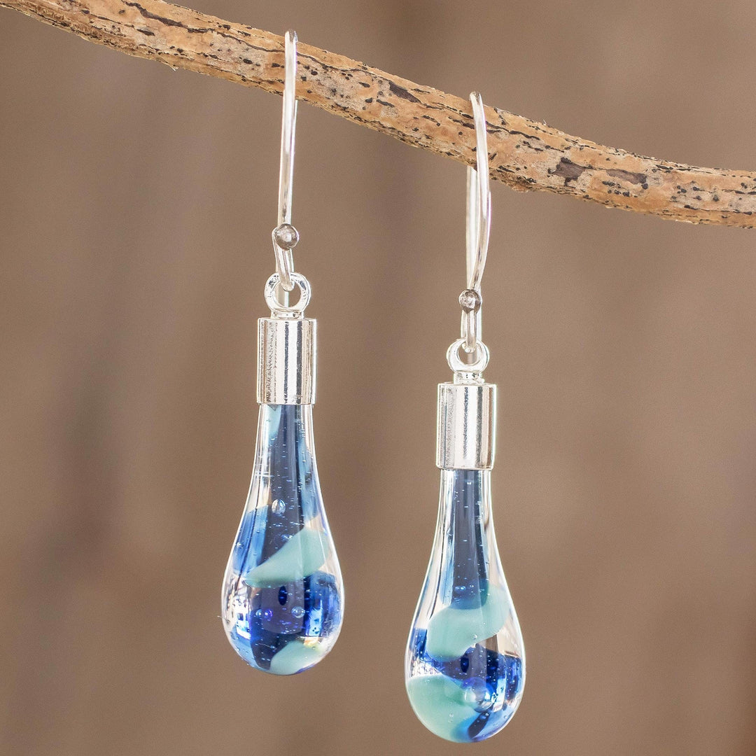 Art Glass Dangle Earrings in Blue from Costa Rica - Sky and Sea