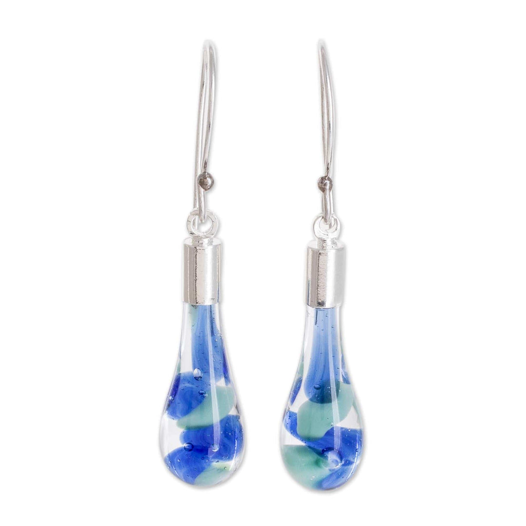 Art Glass Dangle Earrings in Blue from Costa Rica - Sky and Sea