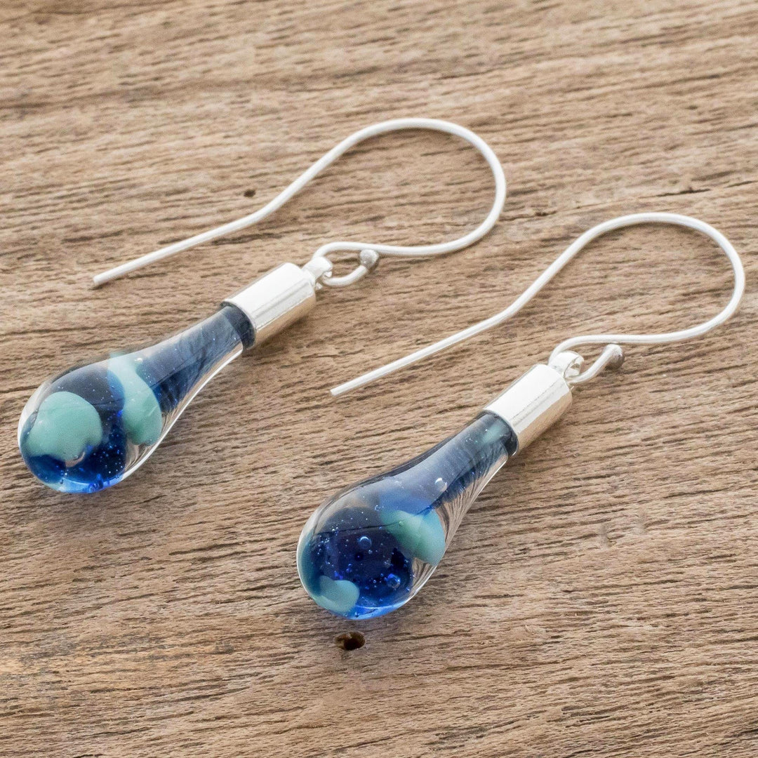 Art Glass Dangle Earrings in Blue from Costa Rica - Sky and Sea
