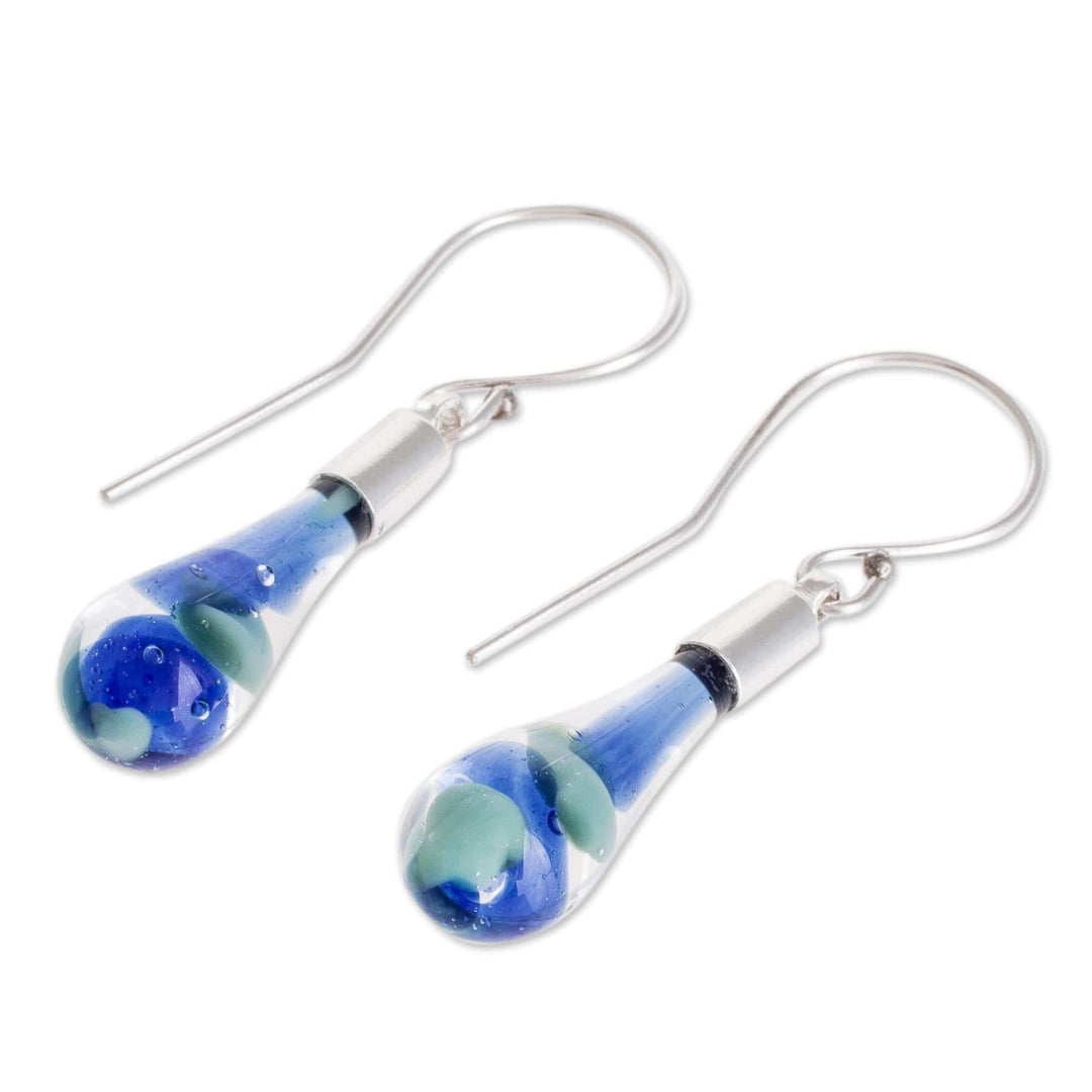 Art Glass Dangle Earrings in Blue from Costa Rica - Sky and Sea