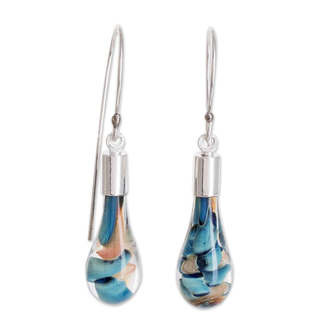 Blue and Pink Art Glass Dangle Earrings from Costa Rica - Rain of Color