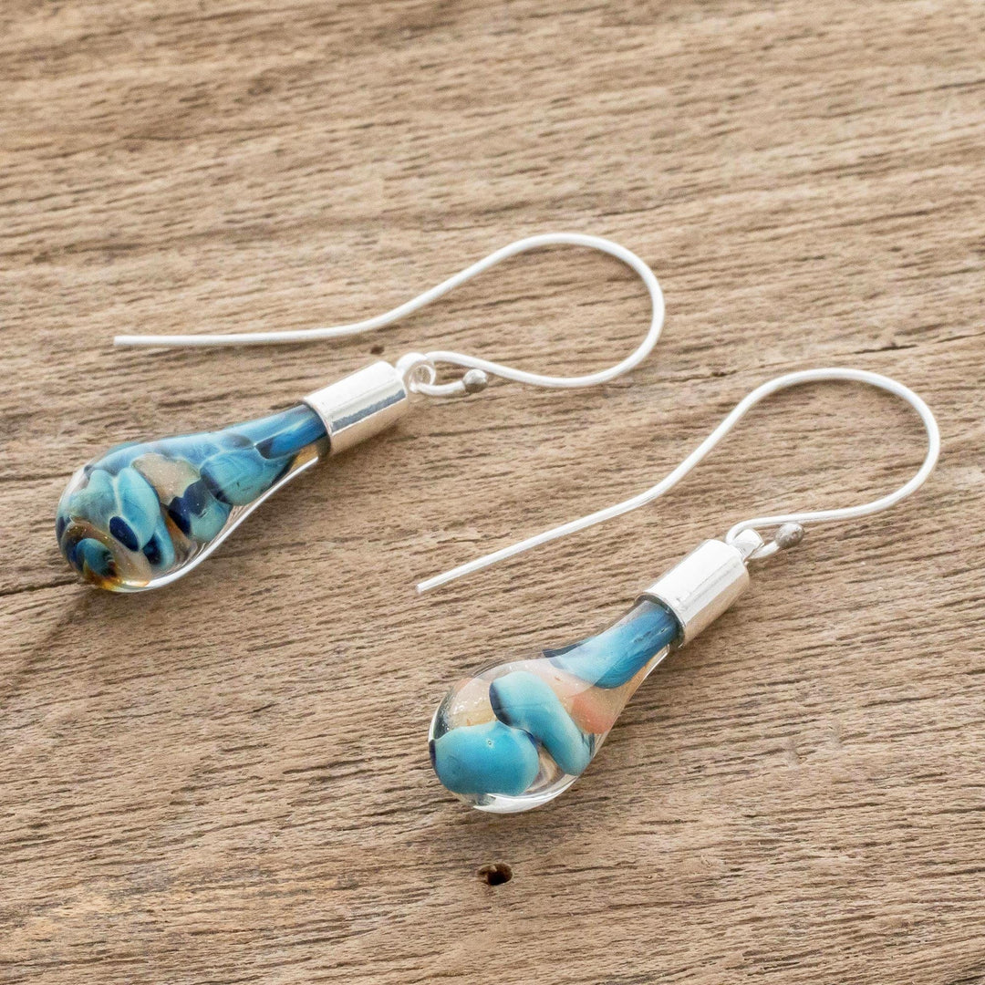 Blue and Pink Art Glass Dangle Earrings from Costa Rica - Rain of Color
