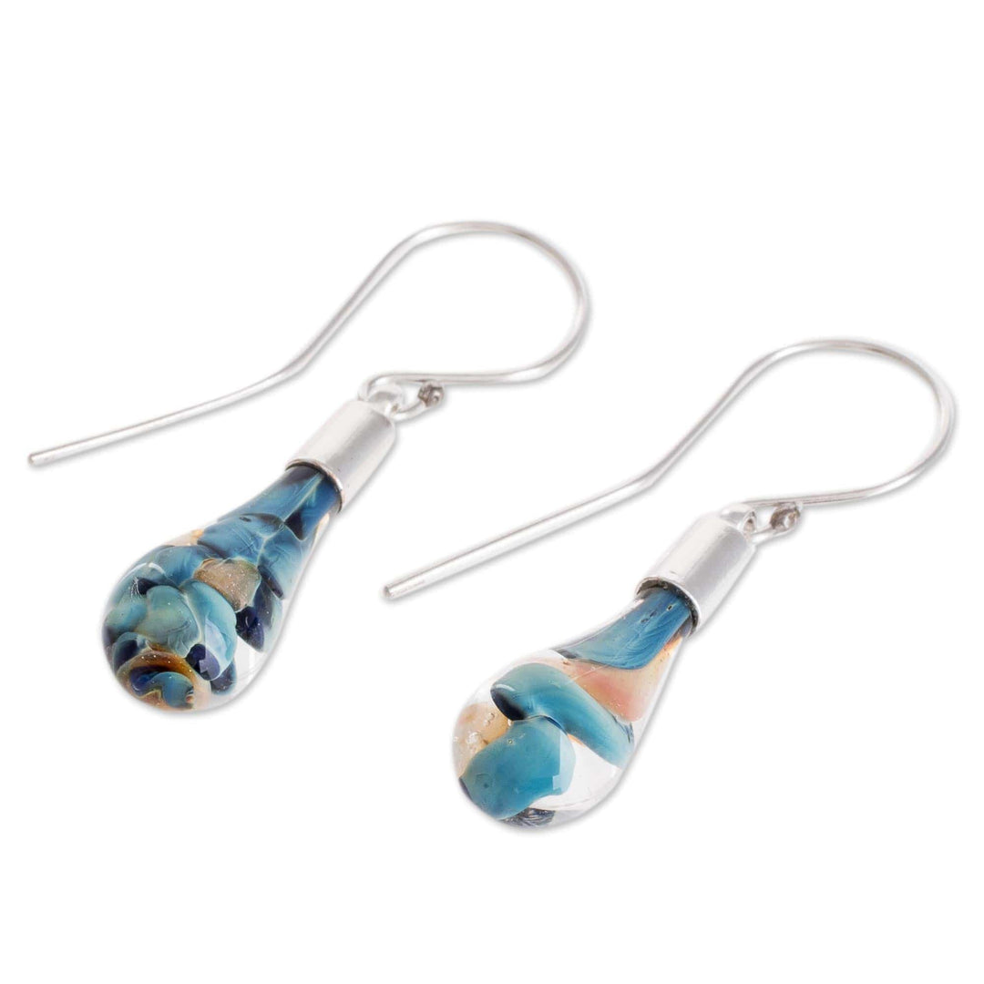 Blue and Pink Art Glass Dangle Earrings from Costa Rica - Rain of Color