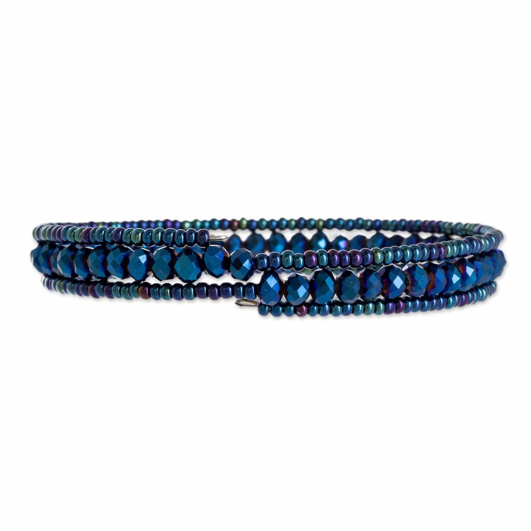 Crystal and Glass Beaded Wrap Bracelet in Blue - Glamorous Moon