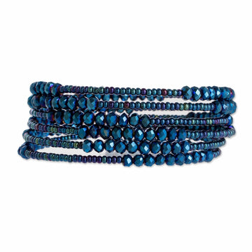 Crystal and Glass Beaded Wrap Bracelet in Blue - Lake Harmony