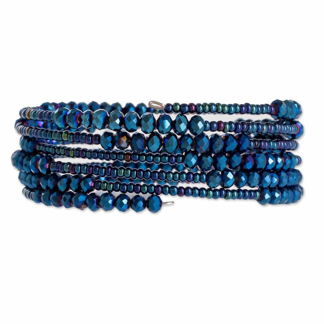 Crystal and Glass Beaded Wrap Bracelet in Blue - Lake Harmony