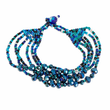 Crystal and Glass Beaded Strand Bracelet - Nocturnal Brilliance in Blue