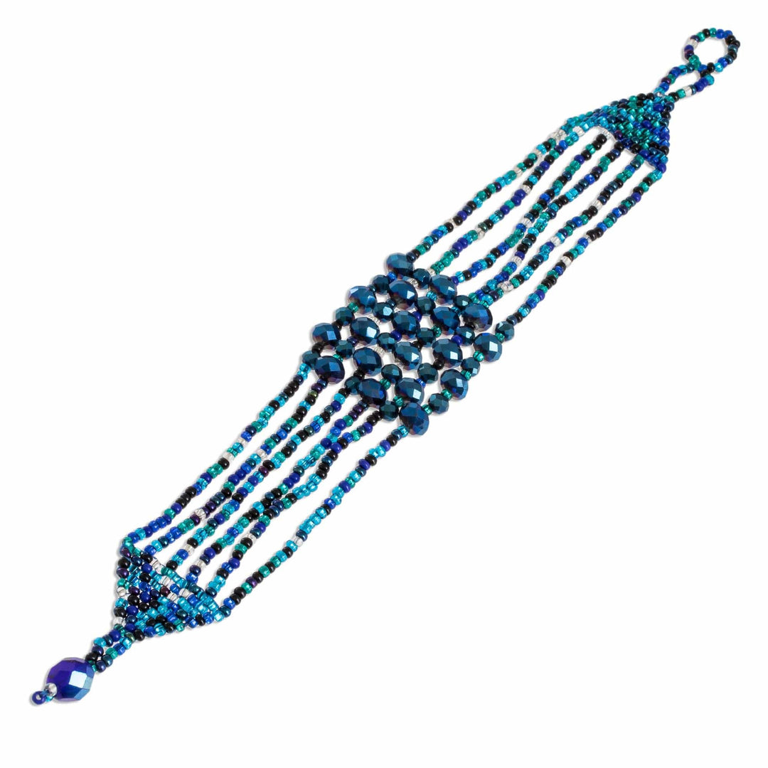 Crystal and Glass Beaded Strand Bracelet - Nocturnal Brilliance in Blue