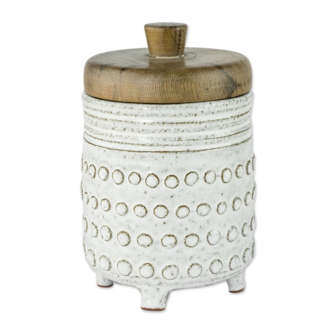 Textured White Ceramic Sugar Bowl with Wood Lid - Sweet Encounter