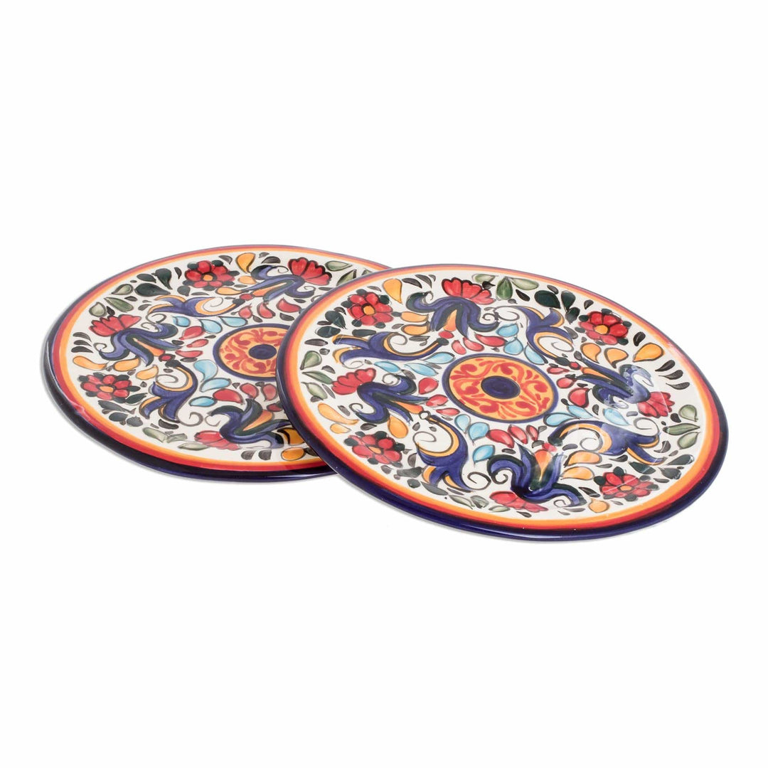 Talavera-Style Ceramic Salad Plates from El Salvador (Pair) - Vibrant Garden