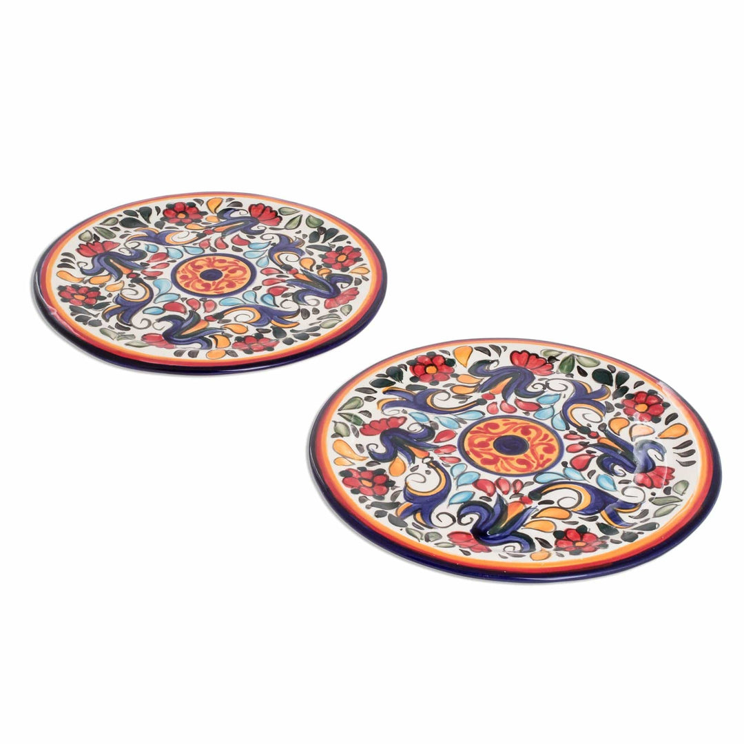 Talavera-Style Ceramic Salad Plates from El Salvador (Pair) - Vibrant Garden