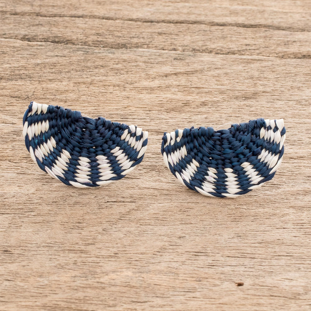 Half-Circle Natural Fiber Button Earrings in Blue - Sweet Citrus in Blue