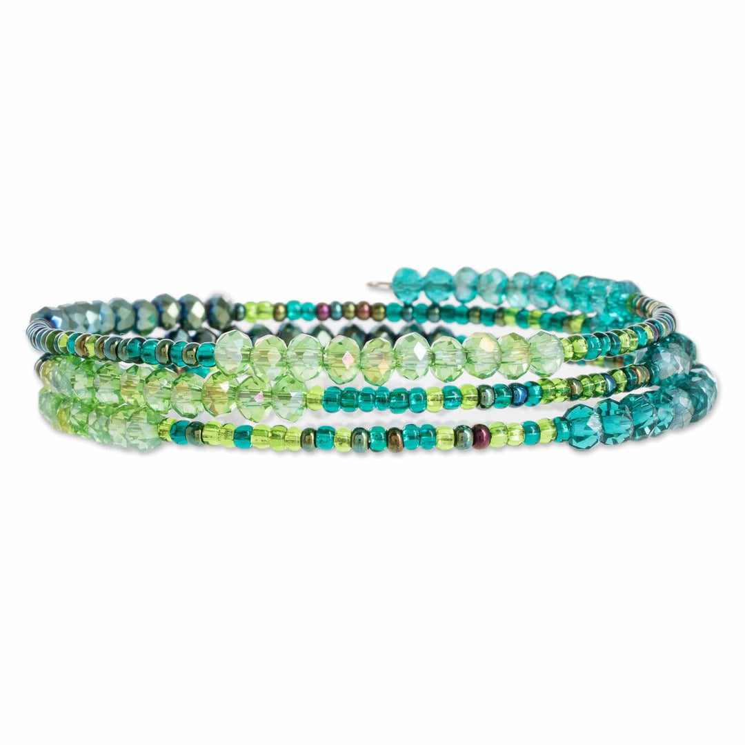 Glass and Crystal Beaded Wrap Bracelet in Green - Ocean Siren