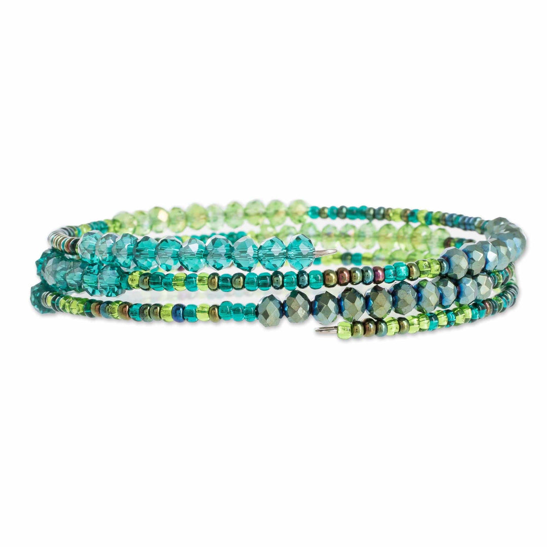 Glass and Crystal Beaded Wrap Bracelet in Green - Ocean Siren