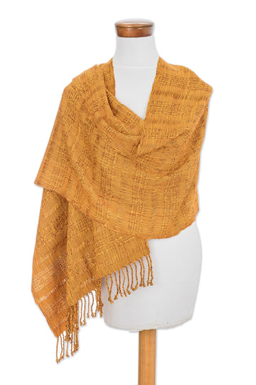 Textured Cotton Shawl in Saffron from Guatemala - Subtle Texture in Saffron