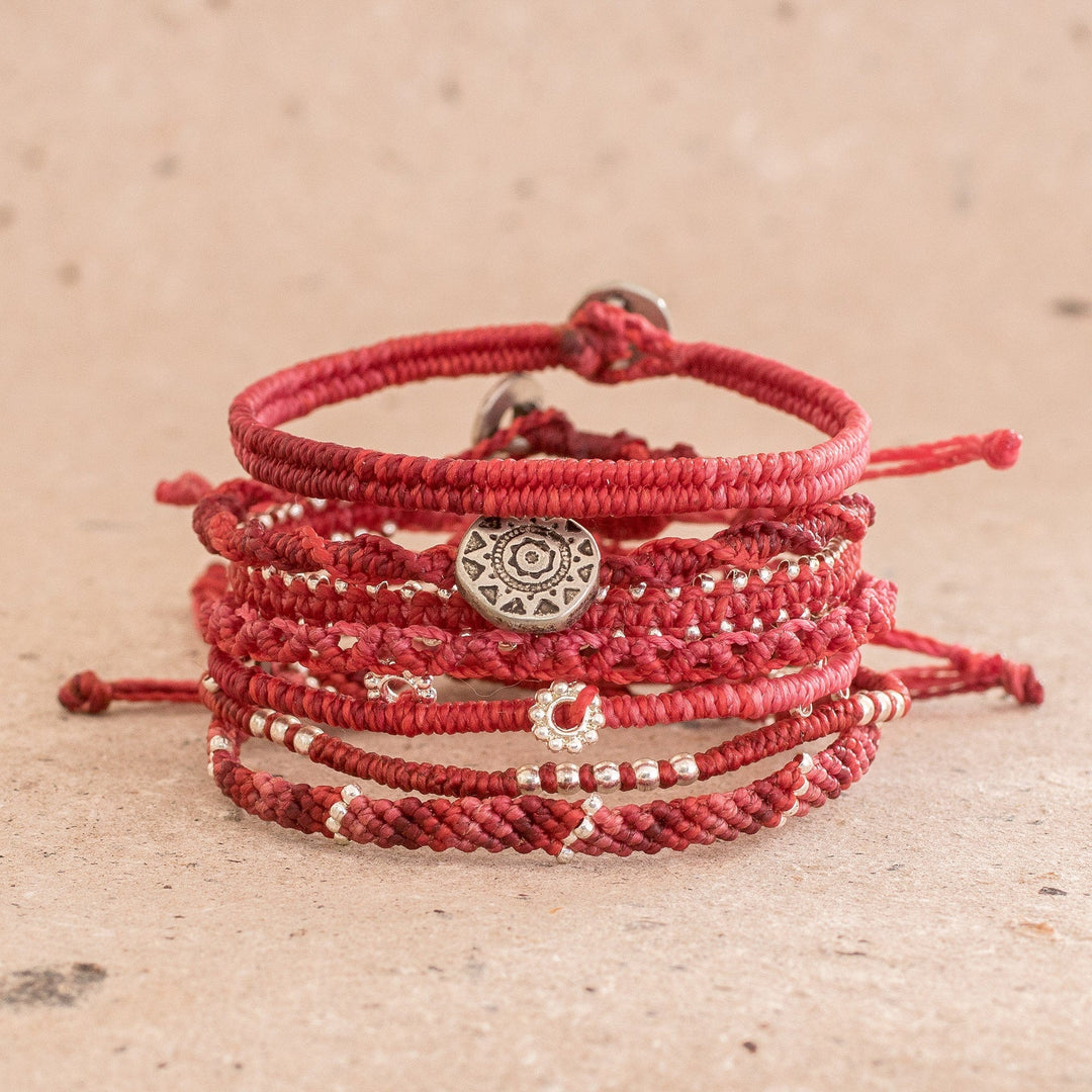 Glass Beaded Macrame Bracelets in Red (Set of 7) - Boho Histories in Red